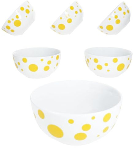 MamboCat Pula - Lot de 6 bols à céréales jaunes - 14 cm - 400 ml - En porcelaine blanche avec pois - Pour 6 personnes - Pour salade, soupe, céréales, chips, etc.