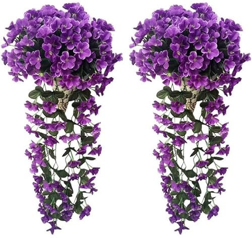 2 Stück Hängenden Künstlich Veilchen,Künstliche Blumen Veilchen Girlande Kranz, Simulation Silk Blume Rattan für Ihr Zuhause, Hochzeiten, Garten, Zur Dekoration (Fuchsia blau)