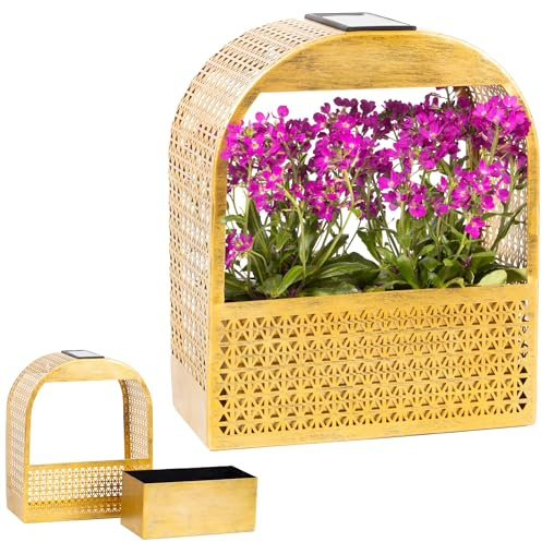 Gadgy Solar-Wandlampe mit Blumentopf – Wandvase mit Solar Warmweißes Licht - Wanddeko Blumenampel beleuchtet - Wetterfeste gartenbeleuchtung - Deko Pflanzschale mit Solar Licht