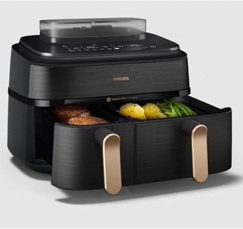 Philips Steam Airfryer Dual Basket 5000 Series, Heißluftfritteuse & Dampfgarer in einem Gerät, 9L 2 Körbe, RapidAir Plus Technologie, 19 Kochfunktionen, 90% weniger Fett, Dampfreinigung (NA552/00)