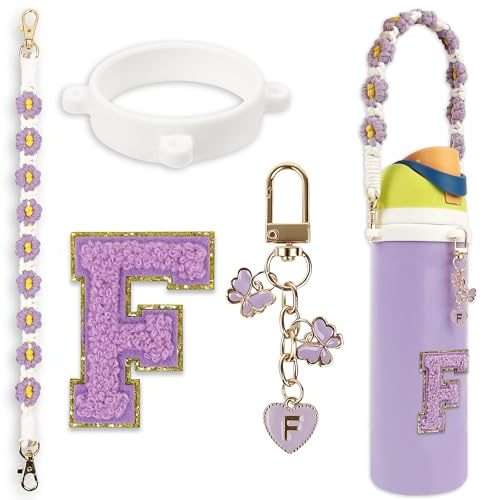 Cute Letter Charm Set Compatible with Owala Water Bottle 24 oz, 32 oz, 40 oz, Owala Kids, Owala Coffee Tumbler, Owala FreeSip – Includes Handle Strap, for Owala & Stanley Cup Accessories (Purple, F)