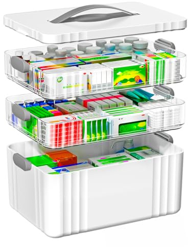 Medicine Storage Box, 3 Layer Medicine Box, Medication Storage Box with Portable Handle, 13.43 * 8.66 * 9.65in Medicine Storage for Home,School, Outdoor, Office, Travel (Grey)