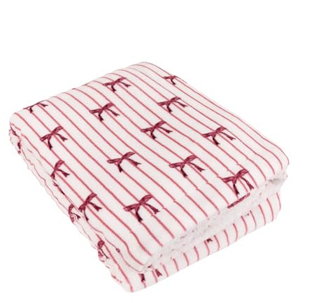 furn. Noortje Bows Throw – Striped Parisian Bow Soft Sherpa Fleece Blanket (Silk Pink - 130x180cm)