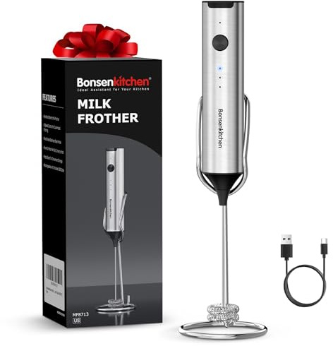 Bonsenkitchen Rechargeable Milk Frother with Stand, 3-Speed Handheld Coffee | Dual Spring Whisk Electric Hand Frother Wand Drink Mixer for Lattes Cappuccino Protein, Kitchen Gifts