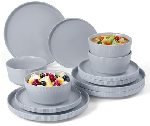 Jiwoo Geschirrset & Tafelservice 12 tlg für 4 Personen Bone China | 4 Speiseteller, 4 Dessertteller & 4 Schüsseln – stapelbar, spülmaschinen- & mikrowellengeeignet, robust und pflegeleicht