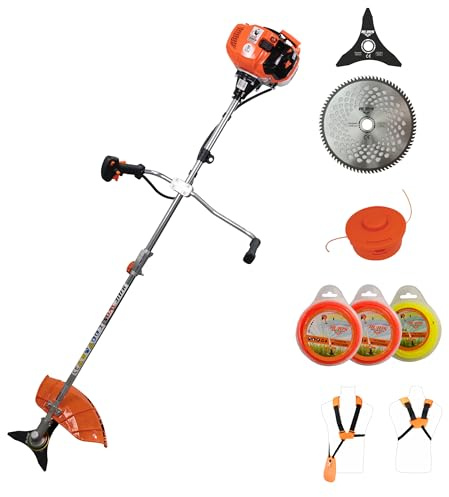 RURIS DAC 311fr Débroussailleuse Thermique 52cc 3CV 250 mm Harnais Kit | Livrée avec harnais double, lame 3 dents et 3 types de fil pour une coupe polyvalente