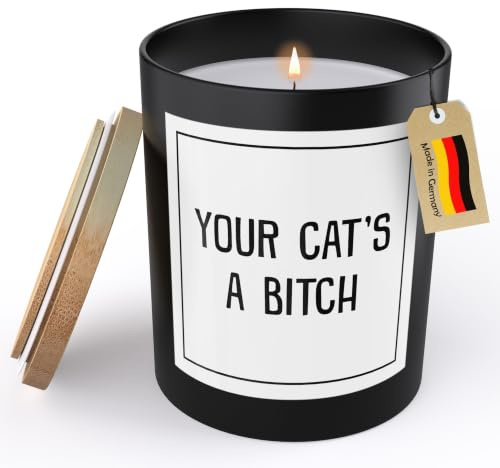 (HANDGEMACHT) Lustige Katze Spruchkerze Katzenmama Geschenk Frauen Englisch Your Cat Deko Sojawachs Kerze im Glas Schwarz Duftkerze Statement (VEGAN, ZITRUS)