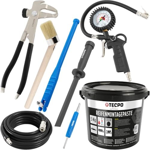TECPO Reifenreparaturset 8-teilig, Zange, Reifenventilentferner Ventileinzieher, Kunststoffschaber 19mm, Reifenmontagepaste 5kg schwarz, Pinsel, Druckluft Reifenfüllpistole inkl. Druckluftschlauch