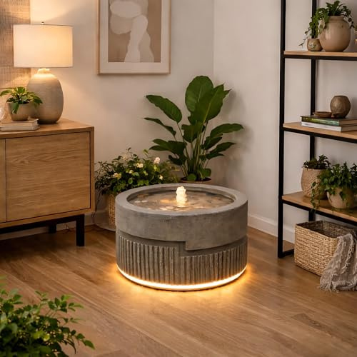 Wacredo Premium Wasserspiel Komplettset Mauritius 39 x 39 x 25cm Quellstein | Wassertisch rund Indoor Outdoor traditionell Sandsteinoptik für Drinnen Draußen mit 1X LED Spot und 1X LED Band handbemalt