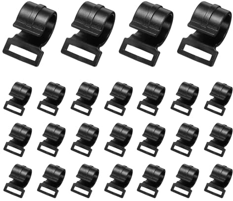 YELARXI Tent Pole Clips, Plastic C Shape Clips ID 25mm 25Pcs Black | with Webbing Strap Slot Fasteners Tent Clamp Fit Accessories for Camping/Awning Canopy/Sunshade Support Frame