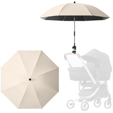 Koomuao Universal Sonnenschirm für Kinderwagen Buggy,UPF50+,85 cm Durchmesser,Sonnenschutz Kinderwagen,Sonnenschutz Buggy mit flexibler Universalhalterung Modell (Beige)