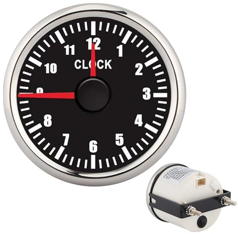 Tbest Quadrante Orologio Misuratore Pannello Strumenti Orologio Cruscotto Calibro 52mm 2-1 16in 0-12 Contaore 9-32V Retroilluminazione Rossa IP67 Acciaio (Copertura argentata con quadrante nero)