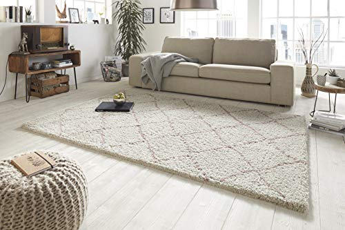 Mint Rugs Hash Teppich Hochflor Wohnzimmer-Teppich Weich Flauschig Langflor Shaggy Flokati Rauten Muster für Wohnzimmer Küche Flur oder Schlafzimmer Creme-Rosa 80x150 cm