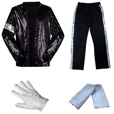 for Adult Child MJ Michael Jackson Billie Jean Jacket Suit Dance Cosplay Costume, Set(top+pant+glove+sock), H:5.1-5.3 W:45-50kg