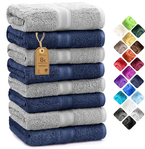 NatureMark 8er Pack Handtücher, 100% Baumwolle, 50 x 100 cm, Handtuch Set Navy/Silber