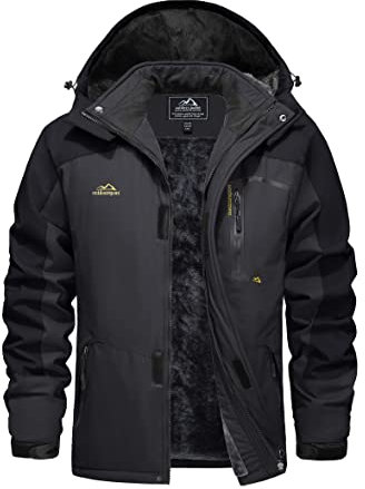 EKLENTSON Men's Winter Coats Outdoor Fleece Hooded Jacket Waterproof Work Ski Hiking Cycling Jacket Multiple Pocket Black Grey,3XL