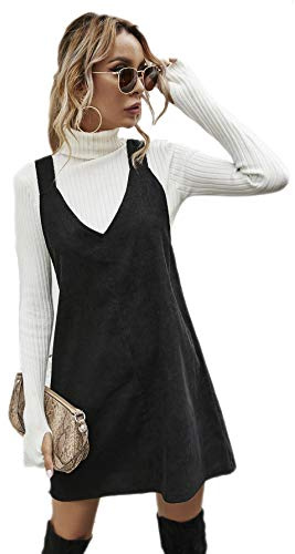 Floerns Women's Casual V Neck A Line Corduroy Pinafore Overall Dress A Black M