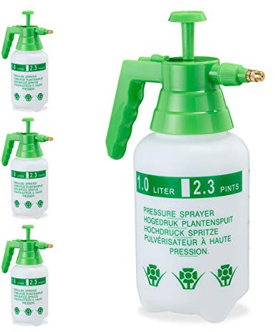 Relaxdays 4 x Pumpsprühflasche, einstellbare Messingdüse, Pflanzen Bewässerung, Schädlingsbekämpfung, 1 l Drucksprüher, grün