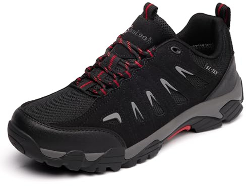 SHULOOK Men's Waterproof Hiking Shoes Lightweight Anti Slip Outdoor Ankle Boots Breathable Hike Trekking Trails Shoe Black/Red 11