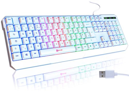 KLIM Chroma Tastiera QWERTY BRITANNICO (UK) per Gaming USB - Nuova Versione - Colori da Videogioco e Retroilluminata - Tastiera da Gioco - Tastiera per Videogame, PC PS4 PS5 Windows, Mac - Bianca