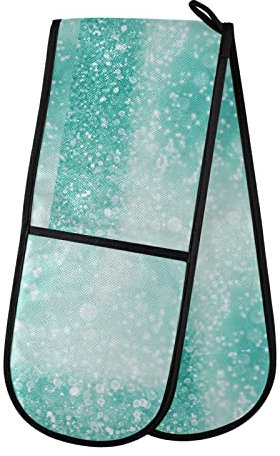 Teal Green Glitter Sparkle Confetti Turquoise Aqua Mint Diamonds Double Oven Mitt Gloves Extra Long Potholder High Heat Resistant for Baking Cooking Baking Grilling Handling Hots Pans 35x7