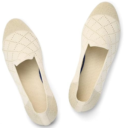 Puxowe Damen Ballerina Flache Schuhe Runde Zehe Strick Kleid Schuhe Niedriger Keil Slip On Ballerina Walking Flats für Frauen Bequem 41 EU Beige/Funkelnd