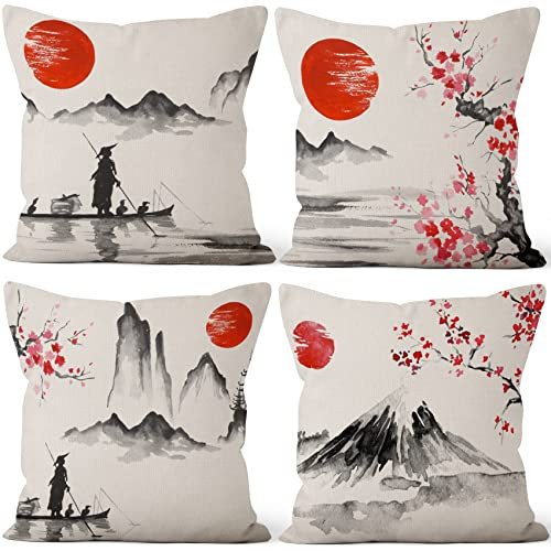 Aoihrraan 46x46cm Confezione da 4 Giapponese CopriCuscini Divano Rosso Sole Bianco E Nero Paesaggio Monte Fuji Quadrata Federe Per Cuscini Decorazione In Lino Taverna Arredo Tatami Letto Soggiorno