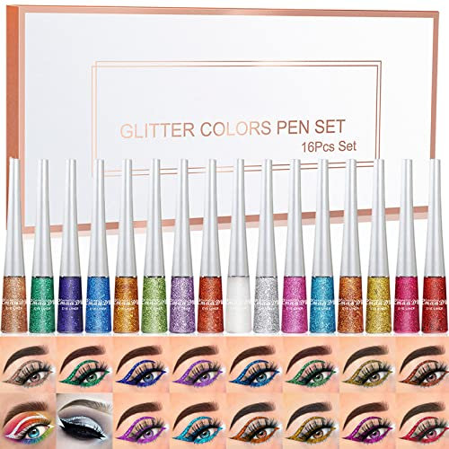 Eyeliner Bunt, MKNZOME 16 Farben Glitzer Eyeliner Flüssig Wasserfest Make Up Set Langlebiger Eyeliner Multifunktionale für Cosplay, Täglichen Gebrauch, Halloween, Weihnachten Party Make-up