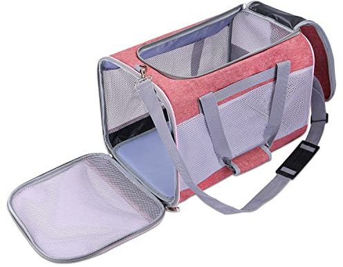 Anoudon Transportbox für Haustiere - Hundetransportbox und Katzentransporttasche Atmungsaktives Netz und zu öffnender Deckel, mit Schulterriemen zum Tragen (Pink)