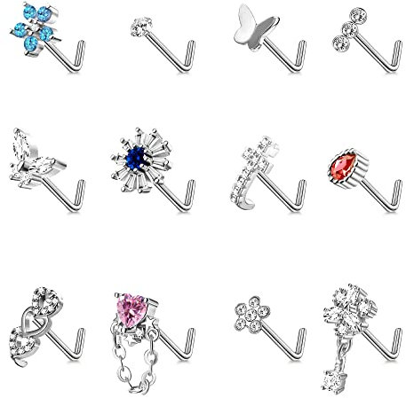 Dochais 12 Stück Nasenstecker aus 316l lEdelstahl,L Form Klein Nasenpiercing Stecker Ringe mit Strass,Nase Piercing Ringe für Frauen Männer 20G