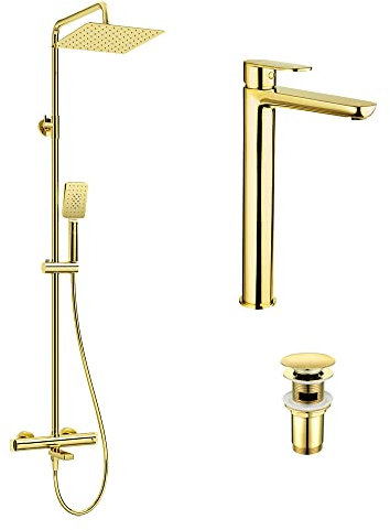 Lomadox Duschsystem mit Waschbeckenarmatur in Gold DEANTE-30 mit Duschsystem, Waschbeckenarmatur und Ablaufventil