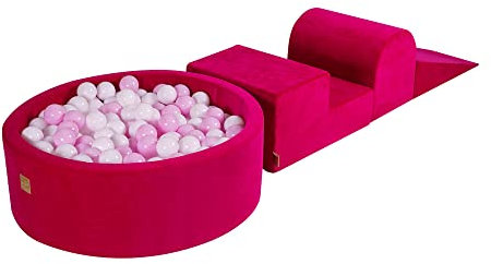 MEOWBABY Piscine à Balle avec Parcours de Motricité pour Bébé avec 200 Balles - Parcours Motricité Enfant et Bébé en Velours - Aire de Jeu Modulable pour Enfants, Magenta