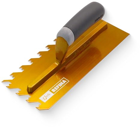 Refina NotchTile Gold Tile Adhesive Notched Trowel for Wall & Floor Tiles - Right-Handed 11x4½ (280x115mm) Standard Trowel with Laser-Cut H45 12mm Notches - Soft Grip Durable Tiling Tools