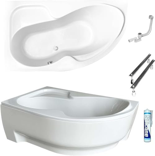 ECOLAM Baignoire d'angle asymétrique Wela 170 x 100 cm | gauche | pieds siphon silicone | tablier en acrylique blanc | set complet