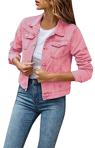 Trenchcoat Damen Kurz Strickkleid Damen Winter Oversized Hoodie Frauen Übergangs Einfarbig Kurz Revers Langarm Jean Jacke Mit Taschen Herbst Denim Mantel Mit Brusttaschen Denim Jacket Women (Rosa, L)