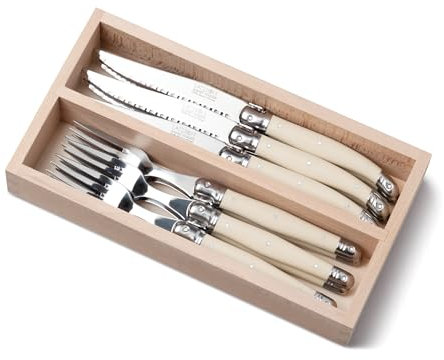 Andre Verdier Laguiole 12 Piece Steak Knife and Fork Set for 6 People in a Wodden Display Tray - Ivory