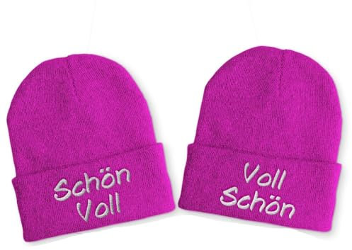 tshirtladen Schön Voll & Voll Schön - Duo Statement Mütze mit Stick - Lustige Wintermütze für Paare im Set - Strickmütze mit Spruch im Partnerlook Beanie-Design, Farbe: Pink