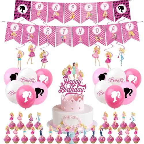 44Pcs Bar-bie Girl Birthday Decorations for Girls Home Hot Pink Bar-bie Party Balloons,Happy Birthday Banner Bunting,Cake Toppers,Hanging Swirls for Kids Baby Shower Cartoon Theme Party Supplies