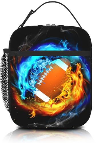 American Football Lunch Bag for Boys Girls Reusable Insulated School Lunchbox Waterproof Cooler Bag Leakproof Portable Fire Football Lunch Box for Kids Students Adults Picnic Working Hiking Beach