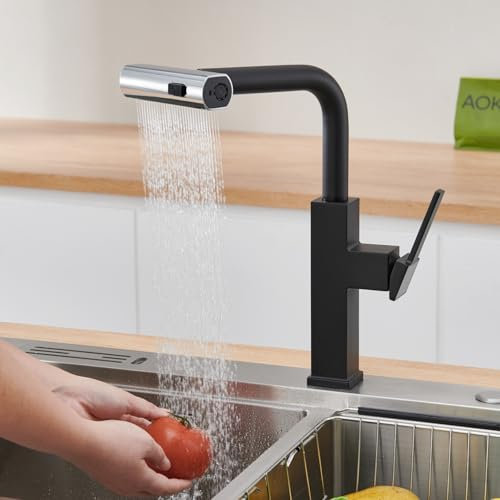 BuntHaus Robinet de Cuisine Avec Douchette Extensible Avec 3 Types de Jet, Robinet de Cuisine Rotatif à 360° en Acier Inoxydable Brossé, Mitigeur Monocommande Bec de Cuisine Hauteur 265mm (Noir)