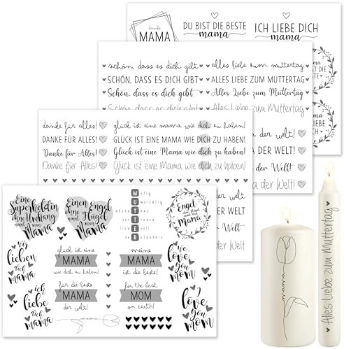 OWLBOOK® Kerzentattoos Mama Kerzen Tattoo Folie Muttertag Kerzen Sticker Kerzensticker Aufkleber I Geschenke für Mama DIY Muttertagsgeschenke I Wasserschiebefolie