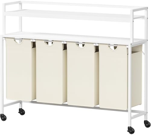 Lifewit Wäschekorb 4 Fächer, 68L/42 x 3L Wäschesammler mit 2 Ablage und Rollen, Laundry Baskets mit herausziehbaren Säcken, Wäschesortierer für Waschküche Schlafzimmer, Weiß