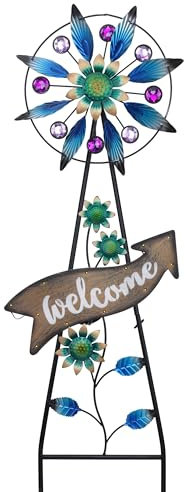 TERESA'S COLLECTIONS Garden Ornaments Outdoor, 66cm Metal Flower Garden Statue with Solar Light, Wind Spinners, Waterproof Windmill Sculpture Decoration for Lawn & Yard, Gifts for Women