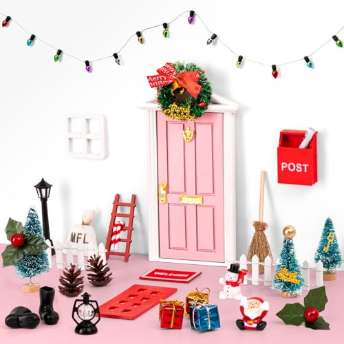 31Pcs Christmas Elf Fairy Door Kit - Miniature Accessories Garden Wooden Decorations Craft Set(Pink)