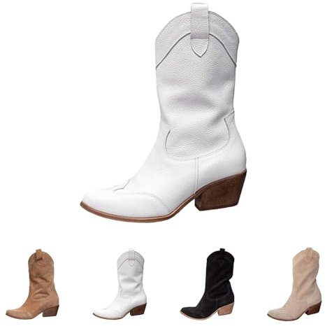 Generico Camperos Texani Donna Texani Invernali Tronchetti a Metà Polpaccio Stivali Donna Alti con Tacco Stivaletto da Cowboy Cowgirl Stivali Donna Indianini Boots Tacco Medio a Punta Scarponcini