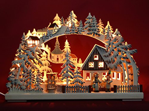 3D-LED-Schwibbogen 43cm Laternenschein, handschattiert - Handarbeit aus dem Erzgebirge