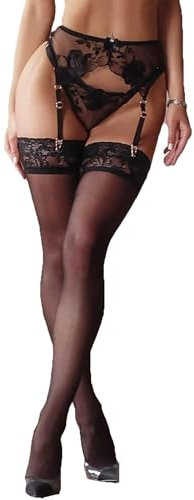 ROSVAJFY Lencería Liguero Encaje Floral Sexy Mujer Conjunto Medias Liguero Cintura Alta con 4 Clips De Metal Ajustables Medias Malla Elásticas Ropa Interior (Negro, S)