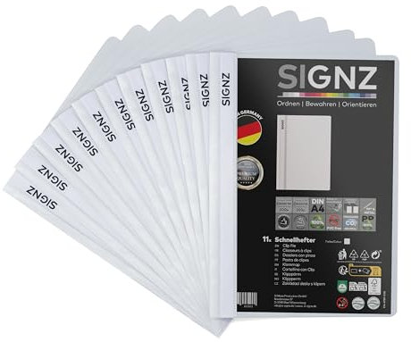 SIGNZ Schnellhefter DIN A4, stabil, 11 Stück, weiß, transparenter Deckel, CO2-neutral hergestellt, aus recycelbarem Kunststoff (PP), FSC Mix 70%, made in Germany