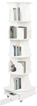 Donened - Massivholz Drehbares Bücherregal, 360 Grad Standregal mit Räder, Multifunktionales Bücherregal Massivholz, 5 Ebenen Drehregal Büroregal, 46 x 173cm (Weiß)