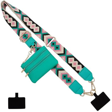 Long Keeper Handy Gurt mit Reißverschluss Brieftasche Verstellbare Crossbody Universal Handy Lanyards Anti Diebstahl Handykette Breites Ersatz Taschen Gurt (Grüne Raute)